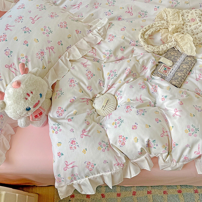 91家纺网 家纺一手货源 找家纺 雨菲家纺 2025新款学生季小清新公主风荷叶花边印花三件套四件套床单床笠款 爱恋花束