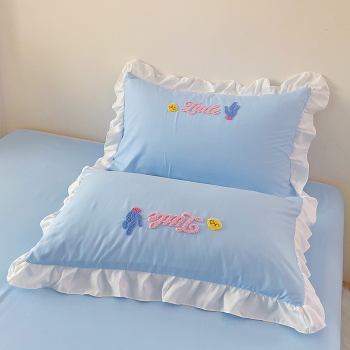 雨菲家纺 2025新款学生季小清新公主风荷叶花边印花单枕套单件枕套单品枕套 美人鱼蓝