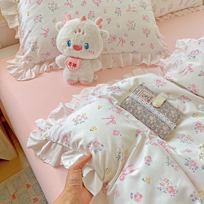 91家纺网 家纺一手货源 找家纺 雨菲家纺 2025新款学生季小清新公主风荷叶花边印花三件套四件套床单床笠款 爱恋花束