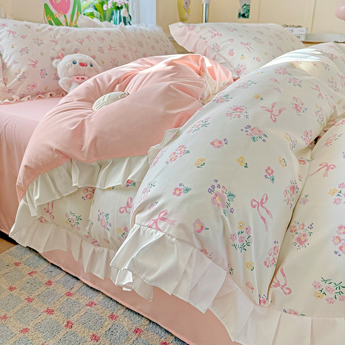 91家纺网 家纺一手货源 找家纺 雨菲家纺 2025新款学生季小清新公主风荷叶花边印花三件套四件套床单床笠款 爱恋花束