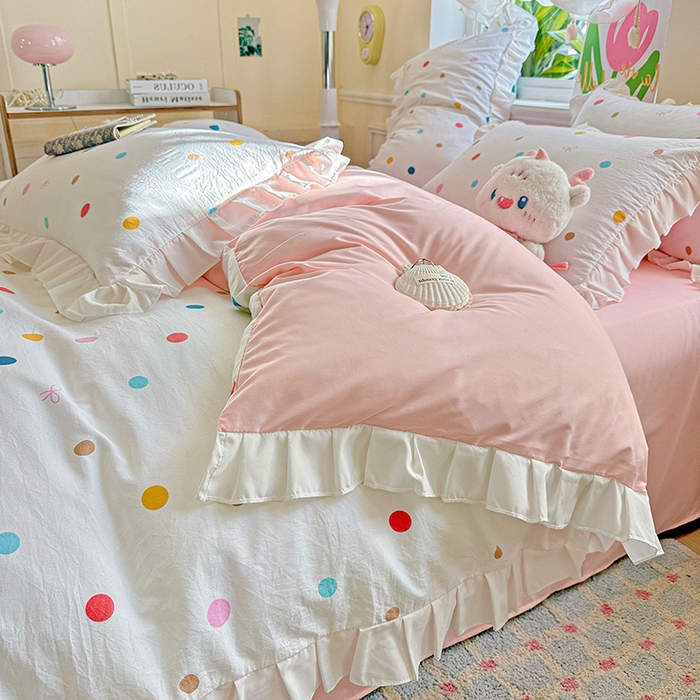 91家纺网 家纺一手货源 找家纺 雨菲家纺 2025新款学生季小清新公主风荷叶花边印花三件套四件套床单床笠款 彩色波点