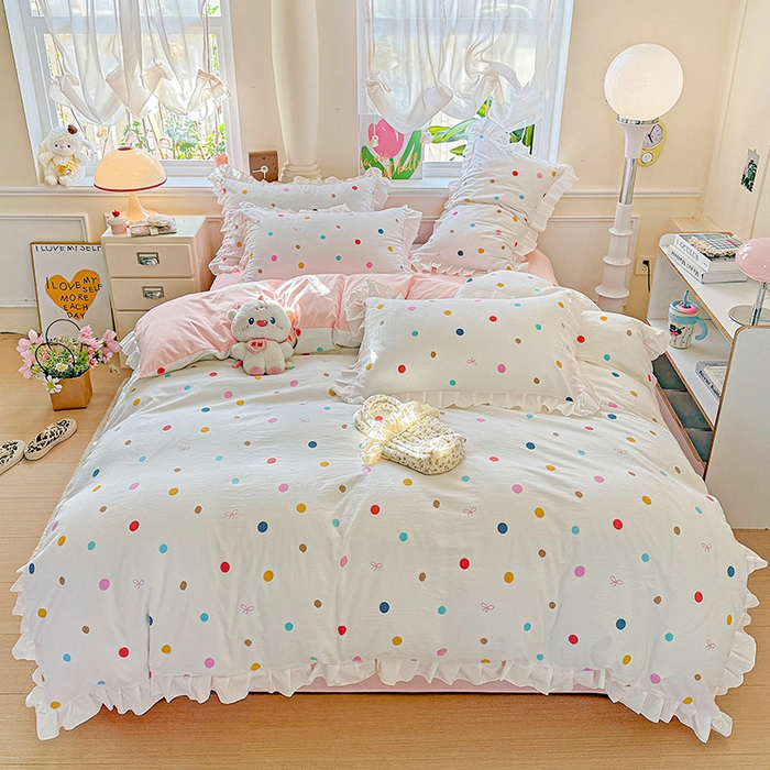 91家纺网 家纺一手货源 找家纺 雨菲家纺 2025新款学生季小清新公主风荷叶花边印花三件套四件套床单床笠款 彩色波点