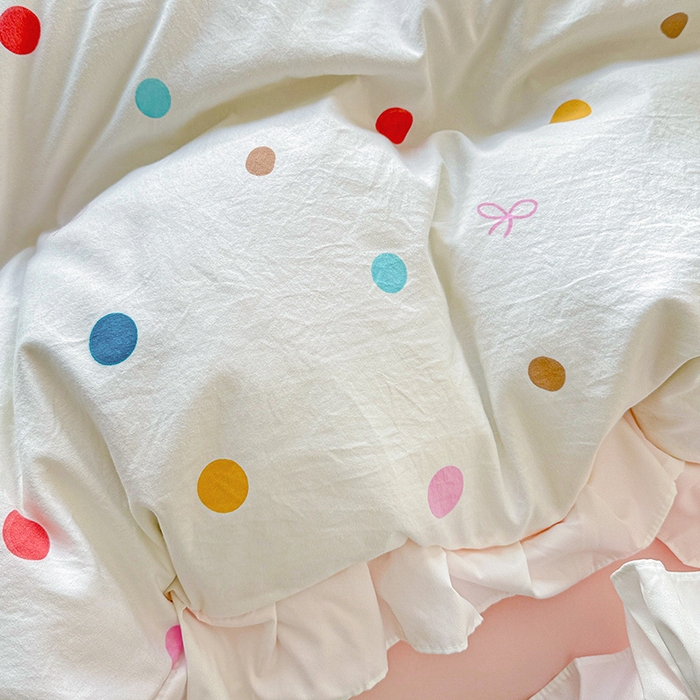 91家纺网 家纺一手货源 找家纺 雨菲家纺 2025新款学生季小清新公主风荷叶花边印花三件套四件套床单床笠款 彩色波点