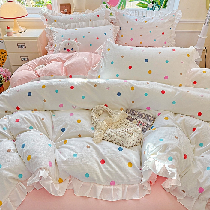 91家纺网 家纺一手货源 找家纺 雨菲家纺 2025新款学生季小清新公主风荷叶花边印花三件套四件套床单床笠款 彩色波点