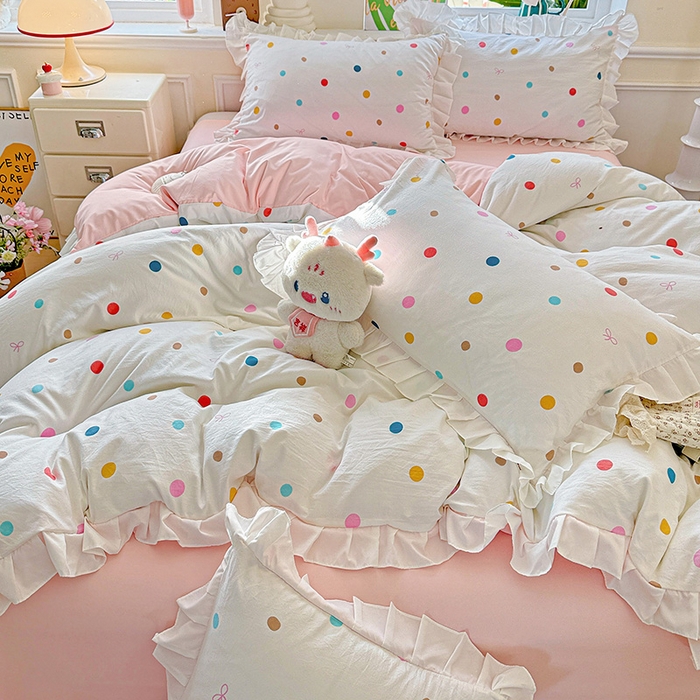 91家纺网 家纺一手货源 找家纺 雨菲家纺 2025新款学生季小清新公主风荷叶花边印花三件套四件套床单床笠款 彩色波点