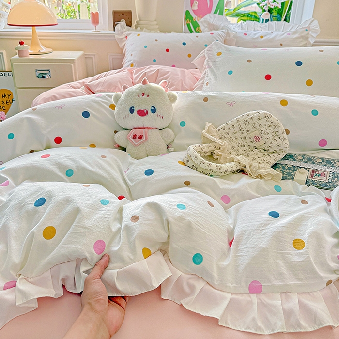 91家纺网 家纺一手货源 找家纺 雨菲家纺 2025新款学生季小清新公主风荷叶花边印花三件套四件套床单床笠款 彩色波点