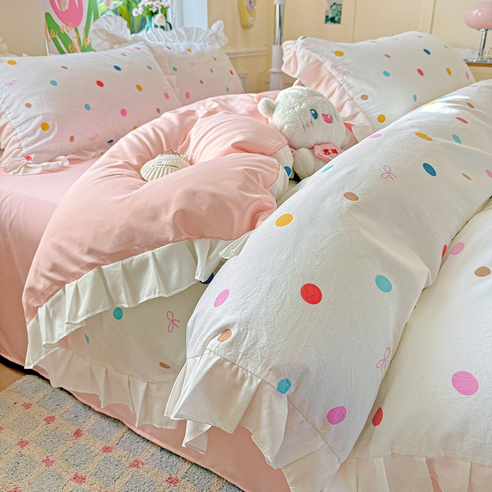 91家纺网 家纺一手货源 找家纺 雨菲家纺 2025新款学生季小清新公主风荷叶花边印花三件套四件套床单床笠款 彩色波点