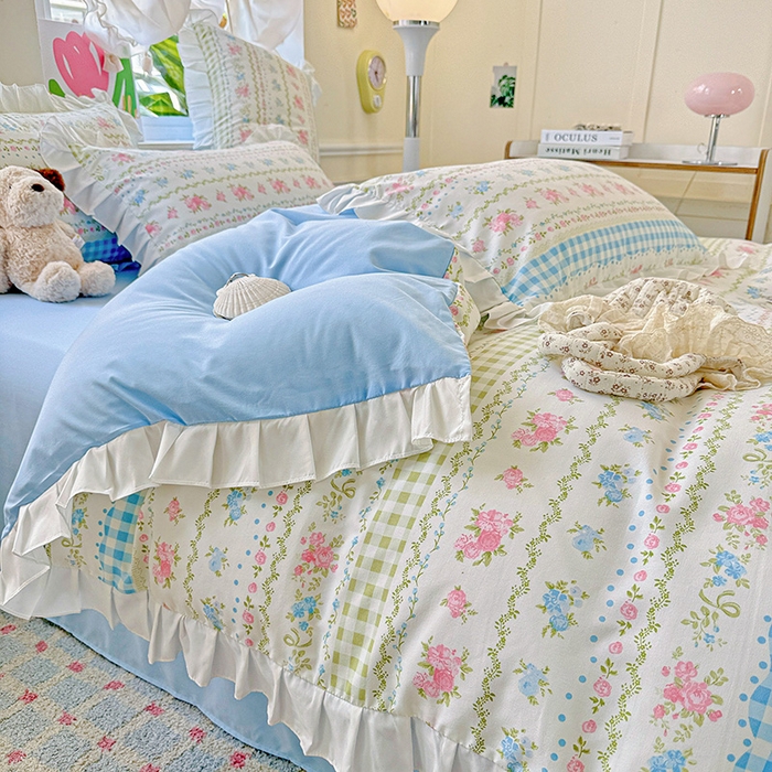 91家纺网 家纺一手货源 找家纺 雨菲家纺 2025新款学生季小清新公主风荷叶花边印花三件套四件套床单床笠款 法式小香