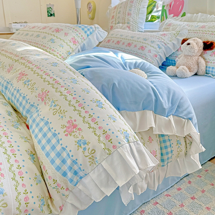 91家纺网 家纺一手货源 找家纺 雨菲家纺 2025新款学生季小清新公主风荷叶花边印花三件套四件套床单床笠款 法式小香