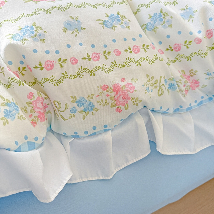 91家纺网 家纺一手货源 找家纺 雨菲家纺 2025新款学生季小清新公主风荷叶花边印花三件套四件套床单床笠款 法式小香