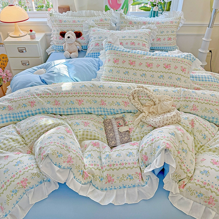 91家纺网 家纺一手货源 找家纺 雨菲家纺 2025新款学生季小清新公主风荷叶花边印花三件套四件套床单床笠款 法式小香