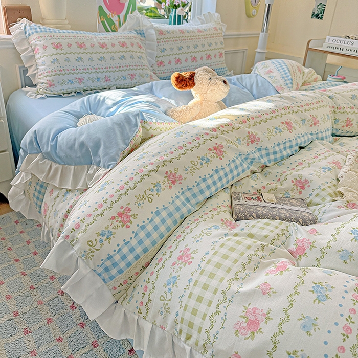 91家纺网 家纺一手货源 找家纺 雨菲家纺 2025新款学生季小清新公主风荷叶花边印花三件套四件套床单床笠款 法式小香