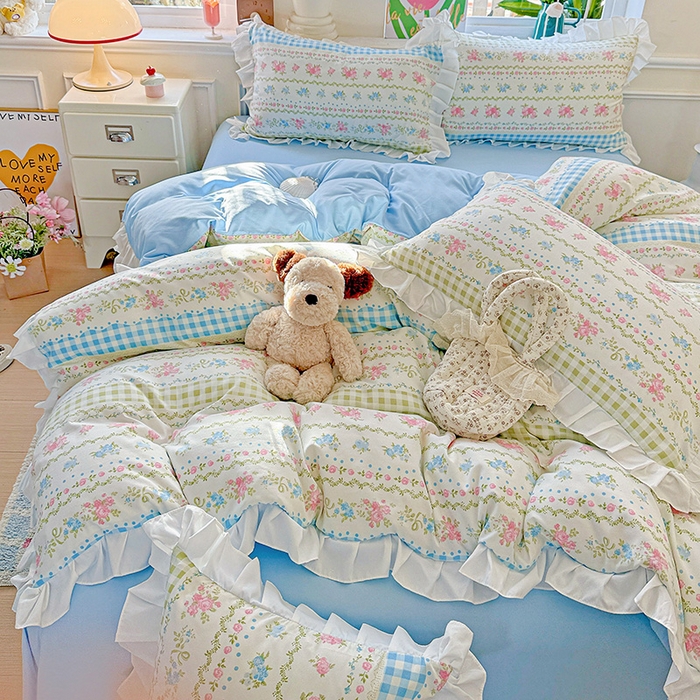 91家纺网 家纺一手货源 找家纺 雨菲家纺 2025新款学生季小清新公主风荷叶花边印花三件套四件套床单床笠款 法式小香