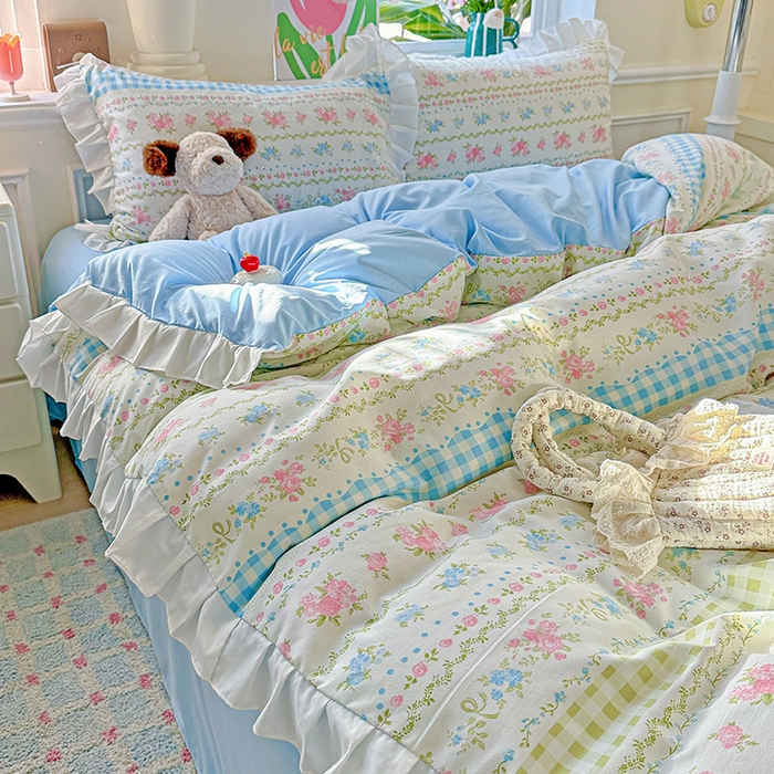 91家纺网 家纺一手货源 找家纺 雨菲家纺 2025新款学生季小清新公主风荷叶花边印花三件套四件套床单床笠款 法式小香