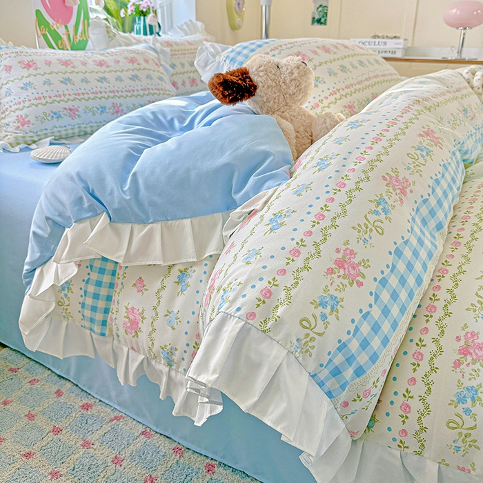 91家纺网 家纺一手货源 找家纺 雨菲家纺 2025新款学生季小清新公主风荷叶花边印花三件套四件套床单床笠款 法式小香