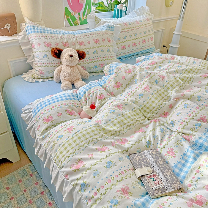 91家纺网 家纺一手货源 找家纺 雨菲家纺 2025新款学生季小清新公主风荷叶花边印花三件套四件套床单床笠款 法式小香