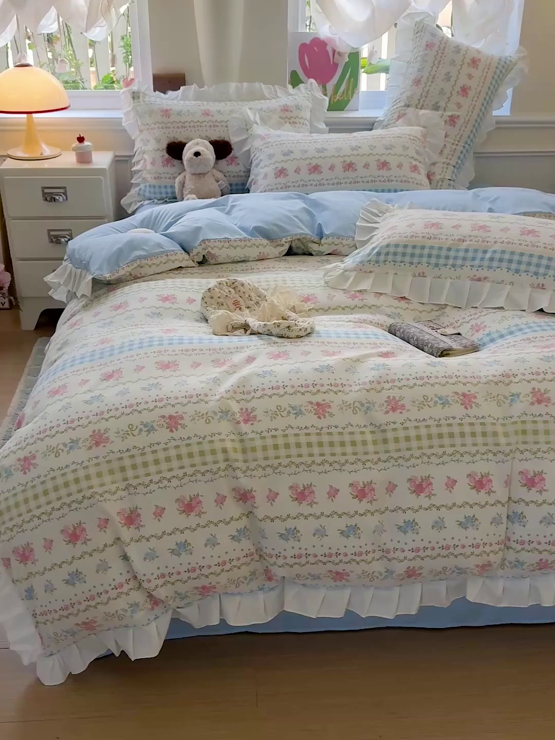 91家纺网 家纺一手货源 找家纺 雨菲家纺 2025新款学生季小清新公主风荷叶花边印花三件套四件套床单床笠款 法式小香