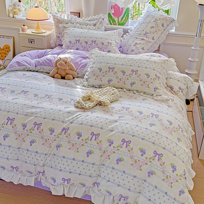 雨菲家纺 2025新款学生季小清新公主风荷叶花边印花三件套四件套床单床笠款 美好时光