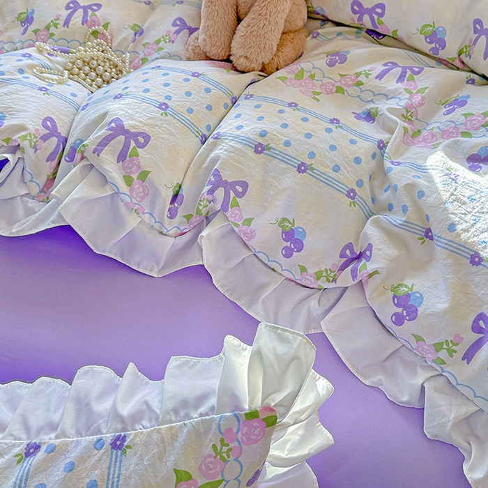 91家纺网 家纺一手货源 找家纺 雨菲家纺 2025新款学生季小清新公主风荷叶花边印花三件套四件套床单床笠款 美好时光