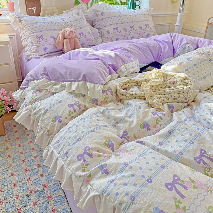 91家纺网 家纺一手货源 找家纺 雨菲家纺 2025新款学生季小清新公主风荷叶花边印花三件套四件套床单床笠款 美好时光