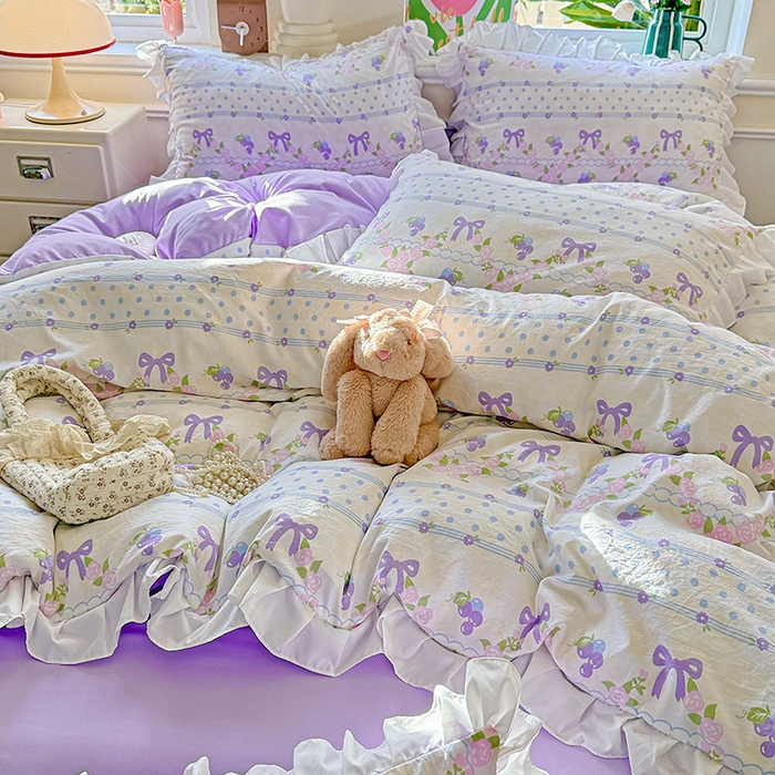 91家纺网 家纺一手货源 找家纺 雨菲家纺 2025新款学生季小清新公主风荷叶花边印花三件套四件套床单床笠款 美好时光