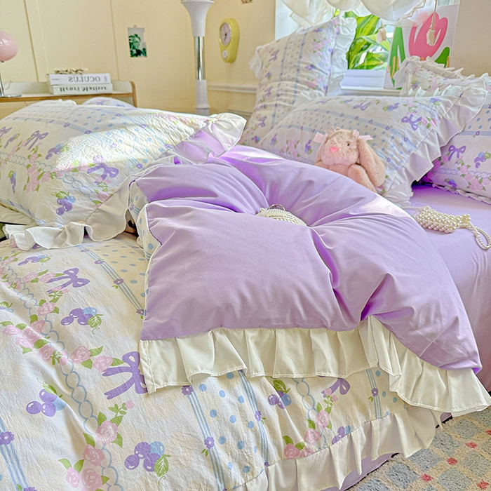 91家纺网 家纺一手货源 找家纺 雨菲家纺 2025新款学生季小清新公主风荷叶花边印花三件套四件套床单床笠款 美好时光