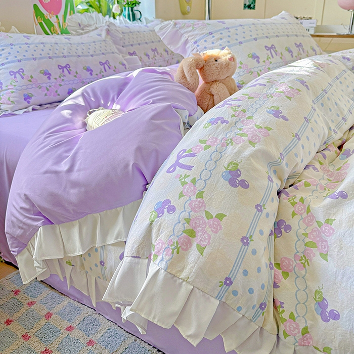 91家纺网 家纺一手货源 找家纺 雨菲家纺 2025新款学生季小清新公主风荷叶花边印花三件套四件套床单床笠款 美好时光