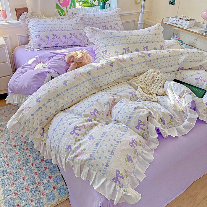 91家纺网 家纺一手货源 找家纺 雨菲家纺 2025新款学生季小清新公主风荷叶花边印花三件套四件套床单床笠款 美好时光