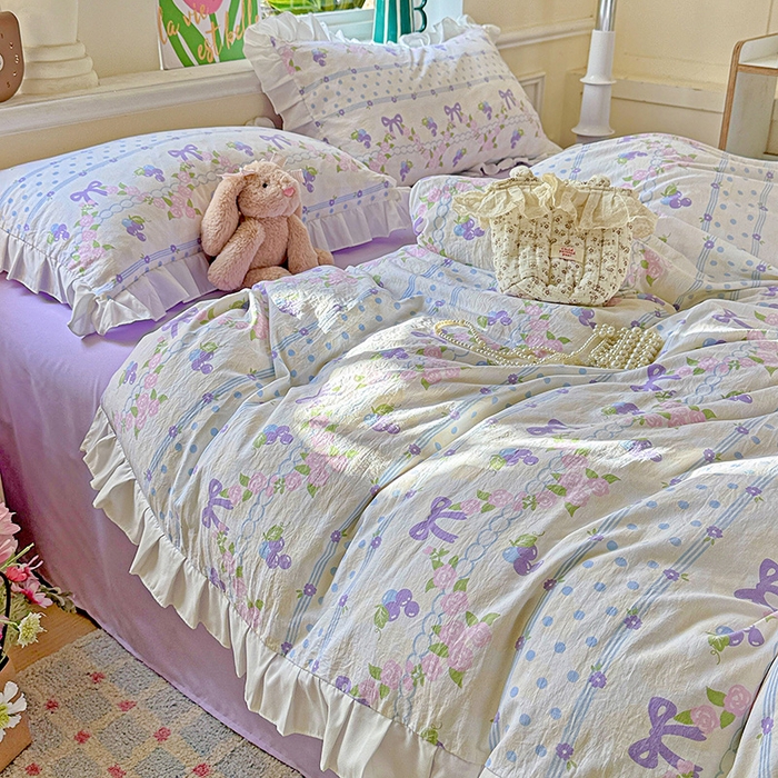 91家纺网 家纺一手货源 找家纺 雨菲家纺 2025新款学生季小清新公主风荷叶花边印花三件套四件套床单床笠款 美好时光