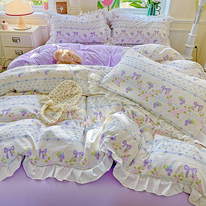 91家纺网 家纺一手货源 找家纺 雨菲家纺 2025新款学生季小清新公主风荷叶花边印花三件套四件套床单床笠款 美好时光