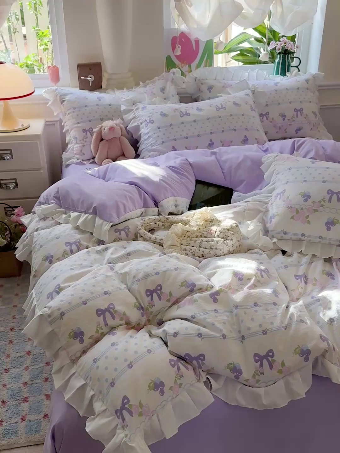 91家纺网 家纺一手货源 找家纺 雨菲家纺 2025新款学生季小清新公主风荷叶花边印花三件套四件套床单床笠款 美好时光