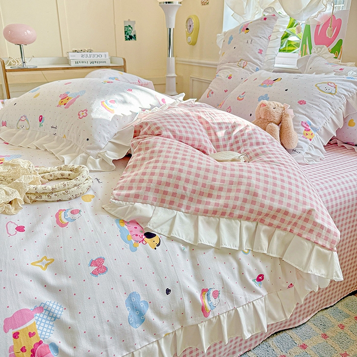 91家纺网 家纺一手货源 找家纺 雨菲家纺 2025新款学生季小清新公主风荷叶花边印花三件套四件套床单床笠款 美吉宠宝