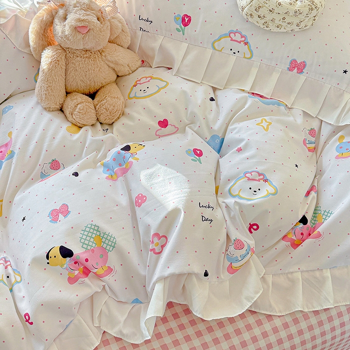 91家纺网 家纺一手货源 找家纺 雨菲家纺 2025新款学生季小清新公主风荷叶花边印花三件套四件套床单床笠款 美吉宠宝