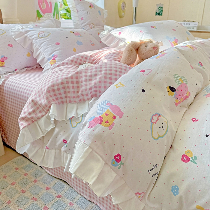 91家纺网 家纺一手货源 找家纺 雨菲家纺 2025新款学生季小清新公主风荷叶花边印花三件套四件套床单床笠款 美吉宠宝