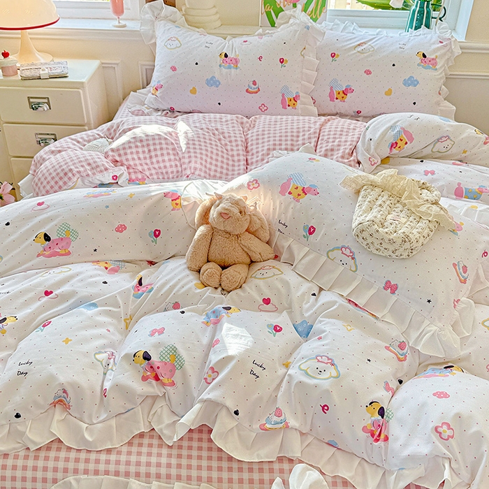 91家纺网 家纺一手货源 找家纺 雨菲家纺 2025新款学生季小清新公主风荷叶花边印花三件套四件套床单床笠款 美吉宠宝