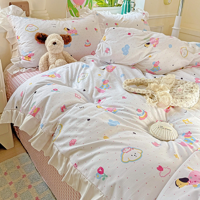 91家纺网 家纺一手货源 找家纺 雨菲家纺 2025新款学生季小清新公主风荷叶花边印花三件套四件套床单床笠款 美吉宠宝