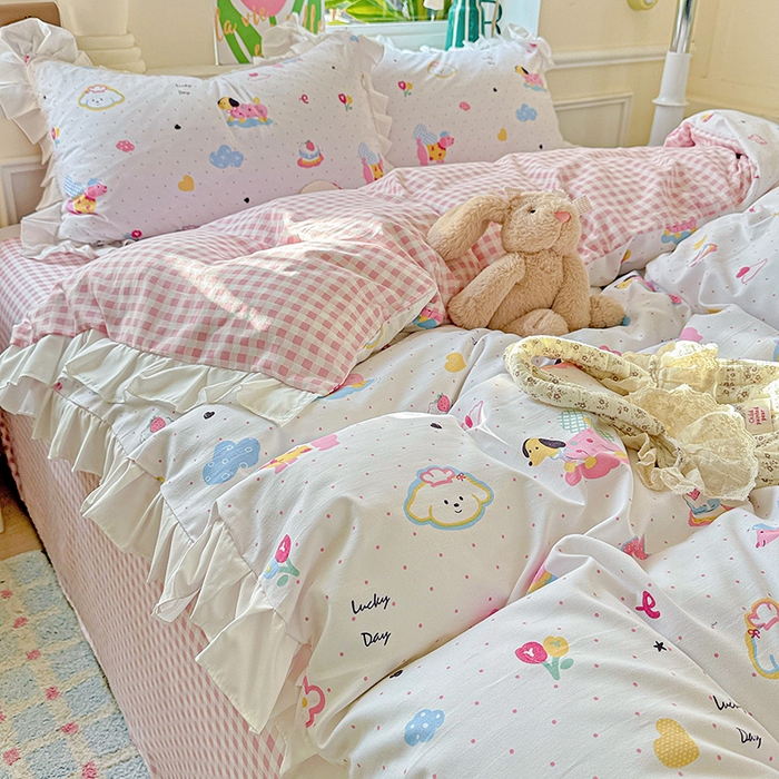 91家纺网 家纺一手货源 找家纺 雨菲家纺 2025新款学生季小清新公主风荷叶花边印花三件套四件套床单床笠款 美吉宠宝