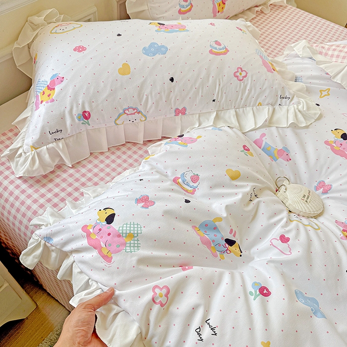 91家纺网 家纺一手货源 找家纺 雨菲家纺 2025新款学生季小清新公主风荷叶花边印花三件套四件套床单床笠款 美吉宠宝