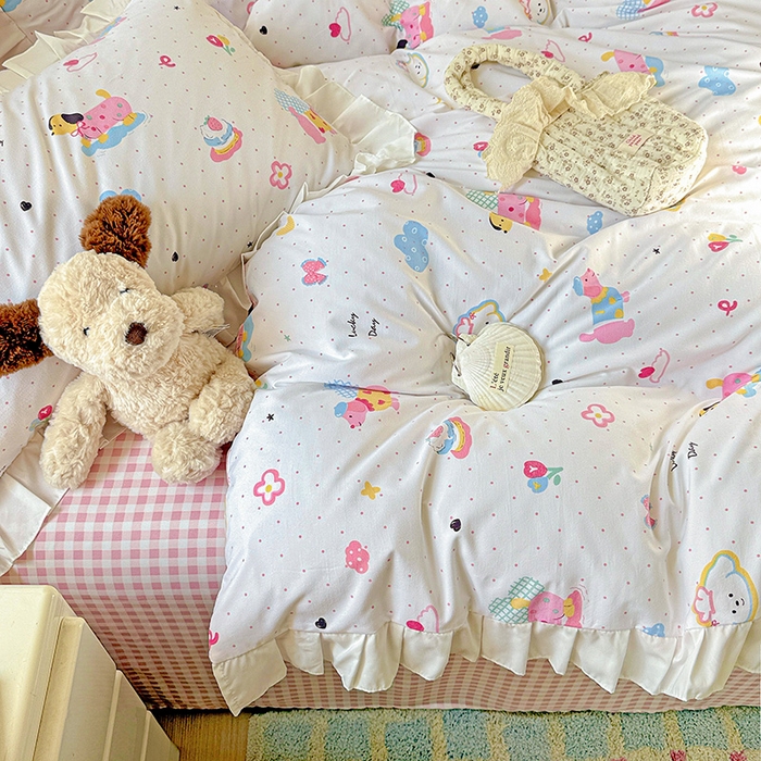 91家纺网 家纺一手货源 找家纺 雨菲家纺 2025新款学生季小清新公主风荷叶花边印花三件套四件套床单床笠款 美吉宠宝