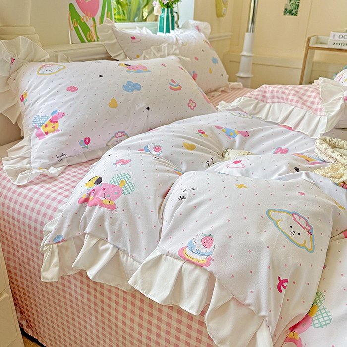 91家纺网 家纺一手货源 找家纺 雨菲家纺 2025新款学生季小清新公主风荷叶花边印花三件套四件套床单床笠款 美吉宠宝