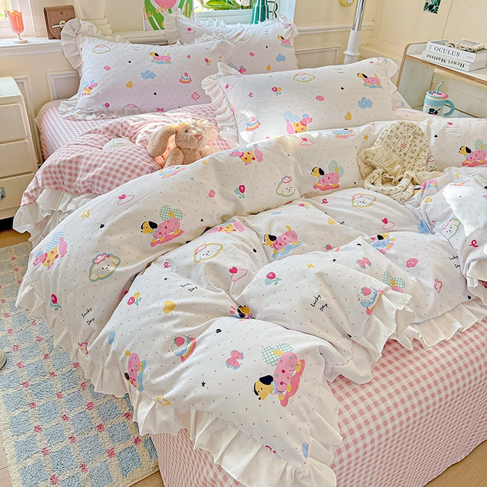 91家纺网 家纺一手货源 找家纺 雨菲家纺 2025新款学生季小清新公主风荷叶花边印花三件套四件套床单床笠款 美吉宠宝