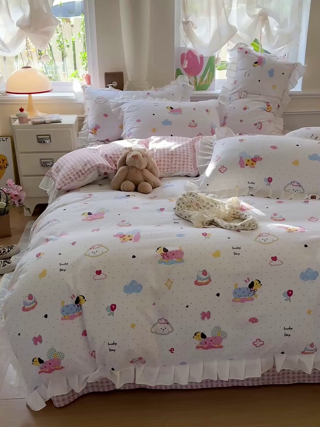 91家纺网 家纺一手货源 找家纺 雨菲家纺 2025新款学生季小清新公主风荷叶花边印花三件套四件套床单床笠款 美吉宠宝