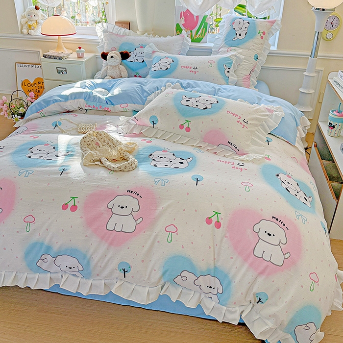 雨菲家纺 2025新款学生季小清新公主风荷叶花边印花三件套四件套床单床笠款 萌宠宝贝