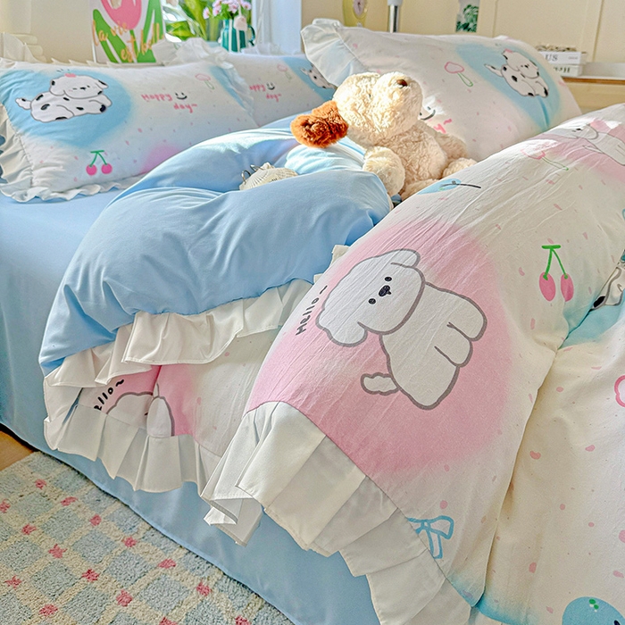 91家纺网 家纺一手货源 找家纺 雨菲家纺 2025新款学生季小清新公主风荷叶花边印花三件套四件套床单床笠款 萌宠宝贝