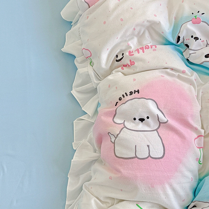 91家纺网 家纺一手货源 找家纺 雨菲家纺 2025新款学生季小清新公主风荷叶花边印花三件套四件套床单床笠款 萌宠宝贝