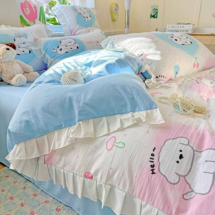 91家纺网 家纺一手货源 找家纺 雨菲家纺 2025新款学生季小清新公主风荷叶花边印花三件套四件套床单床笠款 萌宠宝贝