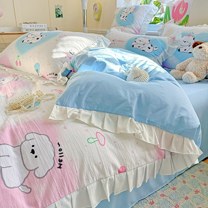 91家纺网 家纺一手货源 找家纺 雨菲家纺 2025新款学生季小清新公主风荷叶花边印花三件套四件套床单床笠款 萌宠宝贝