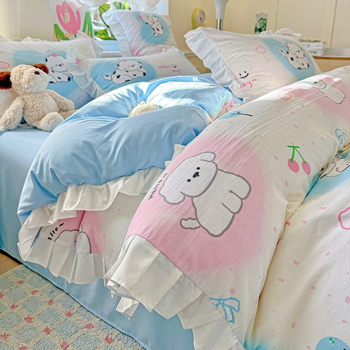 91家纺网 家纺一手货源 找家纺 雨菲家纺 2025新款学生季小清新公主风荷叶花边印花三件套四件套床单床笠款 萌宠宝贝