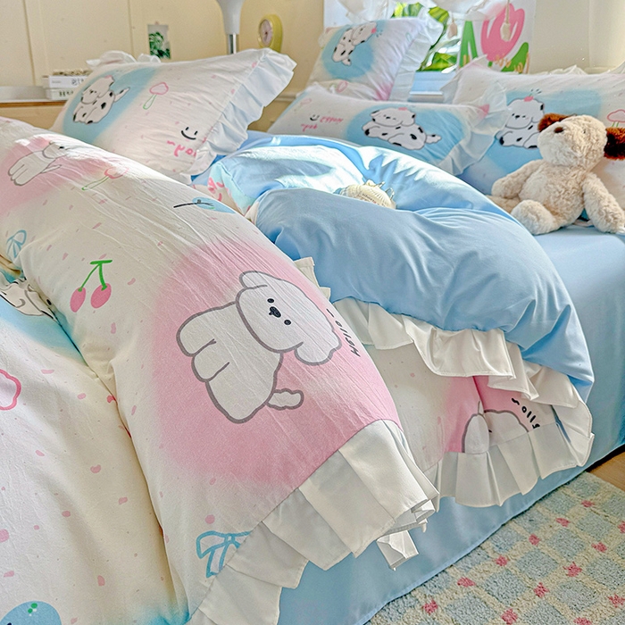 91家纺网 家纺一手货源 找家纺 雨菲家纺 2025新款学生季小清新公主风荷叶花边印花三件套四件套床单床笠款 萌宠宝贝