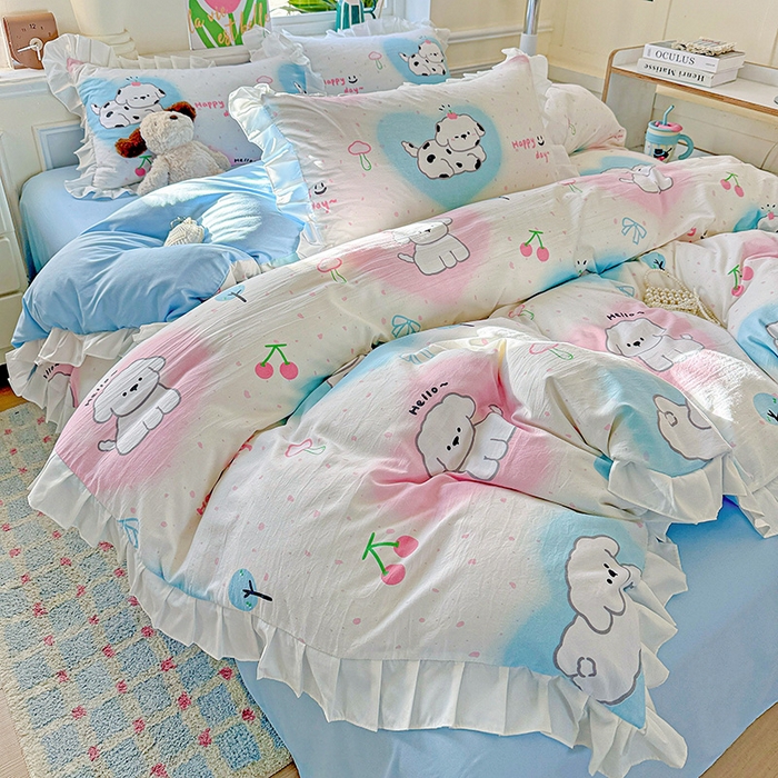 91家纺网 家纺一手货源 找家纺 雨菲家纺 2025新款学生季小清新公主风荷叶花边印花三件套四件套床单床笠款 萌宠宝贝